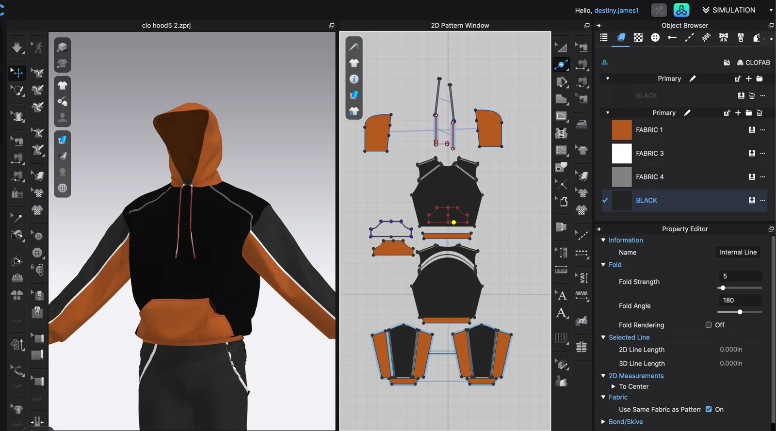 CLO3D pattern layout beside a black and orange hoodie